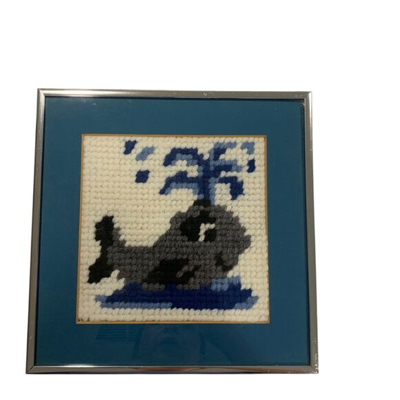 Vintage Gray Whale Spouting Water Cross Stitch Framed Artwork 10x10 - Picture 1 of 3